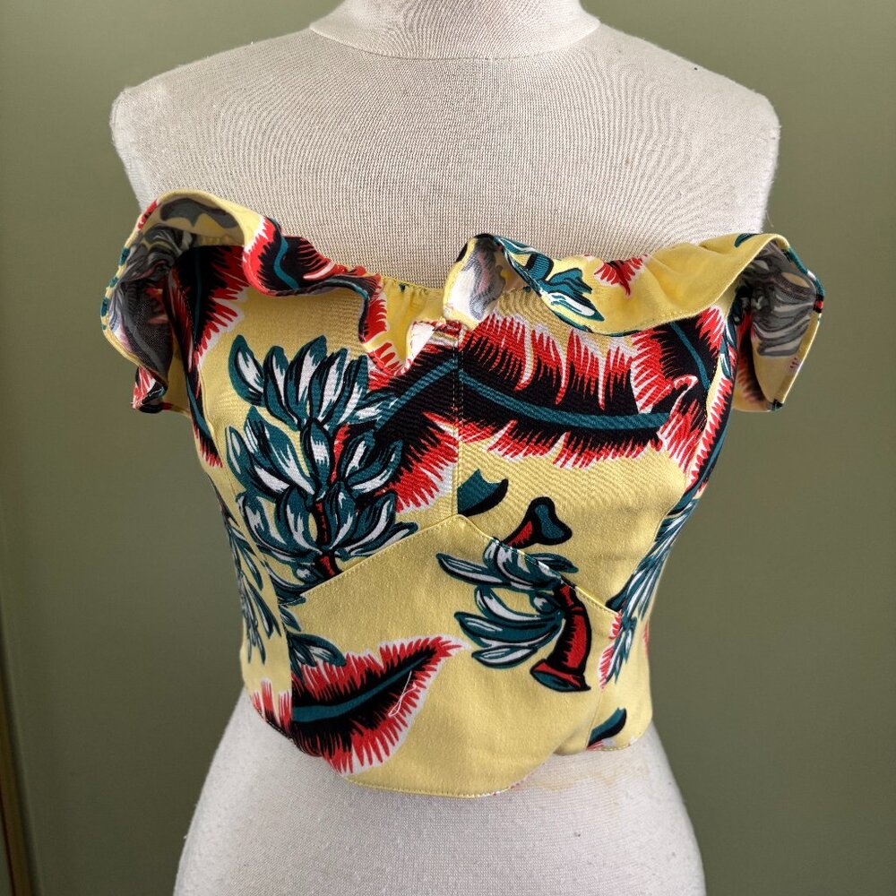 Dixiefied by Pinup Girl Couture Tiki Print Vintage Bustier Ruffle Top Size SMALL